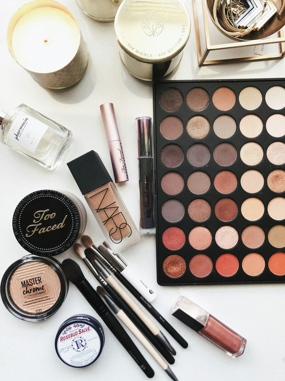Pink cosmetics flat lay